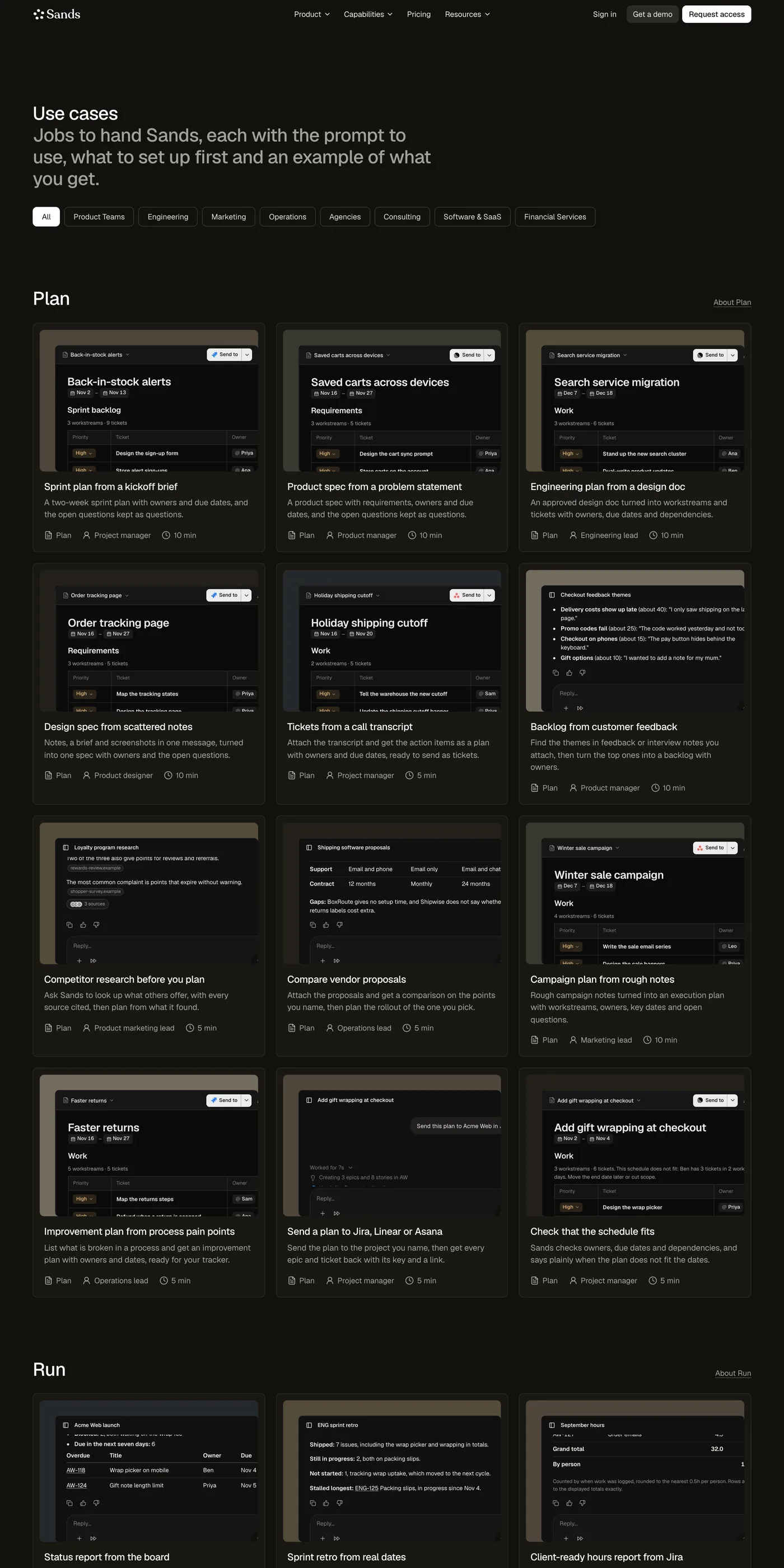 The sands.so Use cases page: jobs to hand Sands, filtered by team, each with its prompt and an example of the result