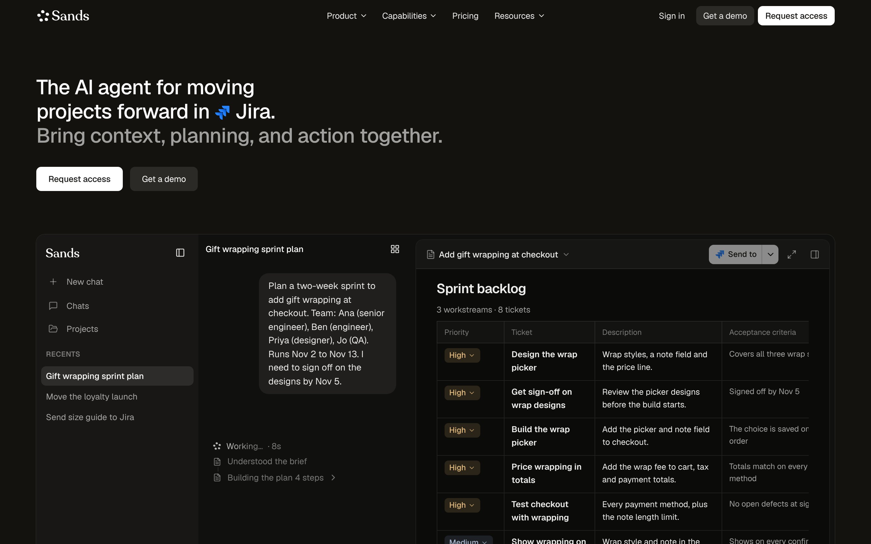 The sands.so homepage: the headline, The AI agent for moving projects forward in Jira, Request access and Get a demo, and the app demo below it writing a sprint plan in the drawer